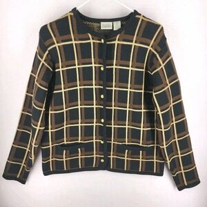 Vintage 90s Classic Elements Plaid Cardigan Womens M Brown Grid Knit Academia